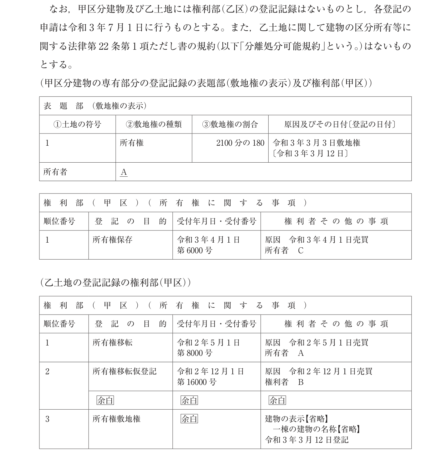 問題文中の登記記録